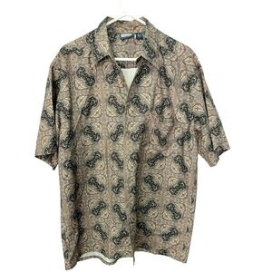 *Premier International Large Brown Paisley Button Shirt 100% Polyester Preppy‎